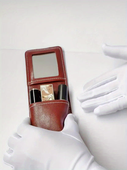 Elegant Mini Makeup Bag with Mirror – Burgundy Red | Golden-Tone Zipper & Hardware | Compact Travel Case for Lipstick, Cash & Cards