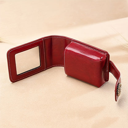 Elegant Mini Makeup Bag with Mirror – Burgundy Red | Golden-Tone Zipper & Hardware | Compact Travel Case for Lipstick, Cash & Cards