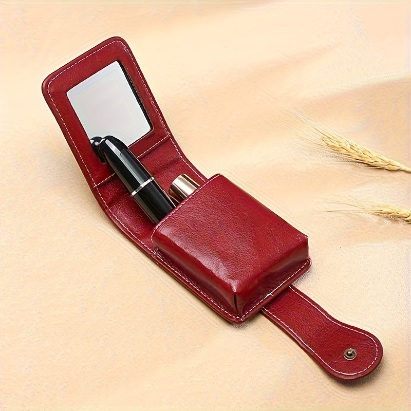 Elegant Mini Makeup Bag with Mirror – Burgundy Red | Golden-Tone Zipper & Hardware | Compact Travel Case for Lipstick, Cash & Cards